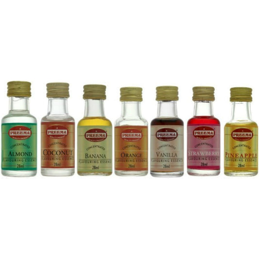 7 x ESSENCE - STRAWBERRY ESSENCE, ORANGE ESSENCE, VANILLA ESSENCE, PINEAPPLE ESSENCE, COCONUT ESSENCE, BANANA ESSENCE, ALMOND ESSENCE EXTRACT LIQUID COOKING FOOD CAKES BAKING FLAVOUR MAY VARY